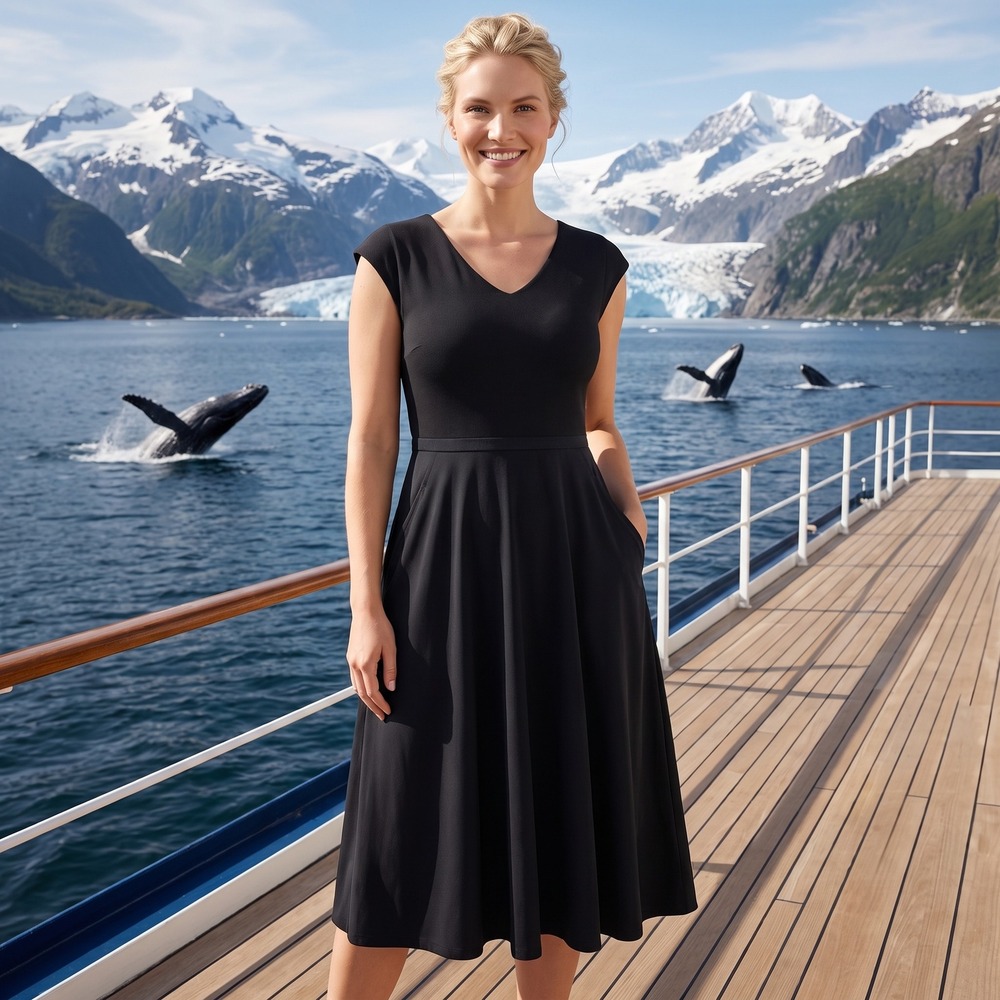 Athleta Mixed Media Midi Dress Women L/T Black V-Neck Pockets Cutout Back
